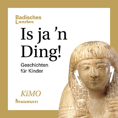 KeyVisual des Podcasts Is ja ‘n Ding!: Eine golden umrahmte Kachel mit dem Schriftzug, in der unteren rechten Ecke der Kopf einer ägyptischen Statue, die AirPods trägt.