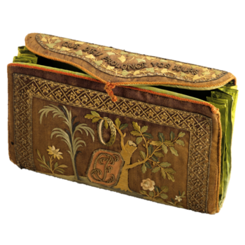 Seidene, reich bestickte Brieftasche aus der Zeit um 1800.