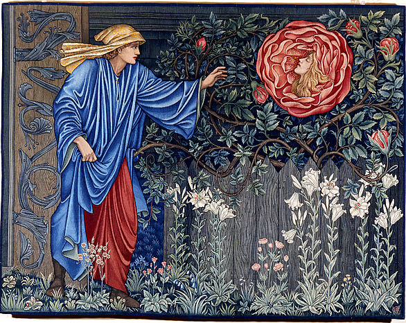 Teppich mit dem Titel "Der Pilger im Garten oder das Herz der Rose"