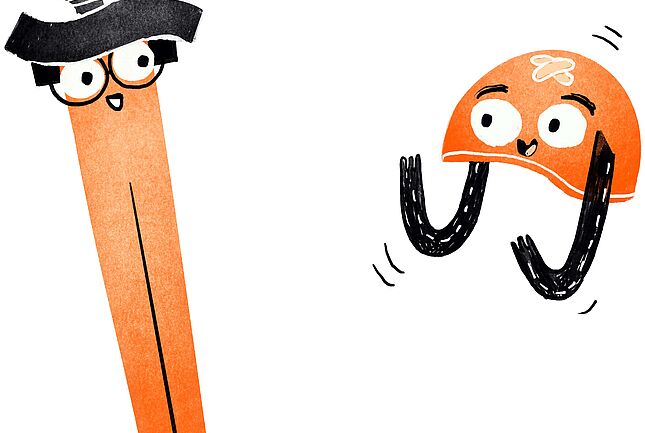 Fahrradhelm und Schwert als Comic in Orange gezeichnet