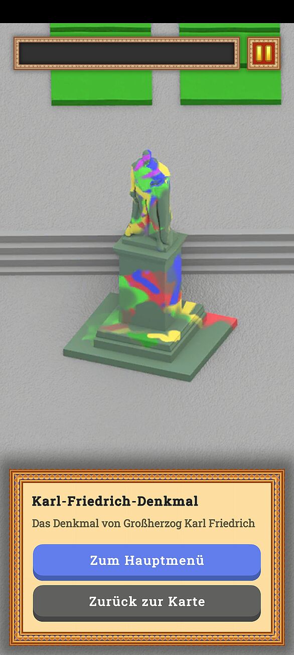 Screenshot aus der App King Karl: eine mit Graffiti beschmierte Statue.