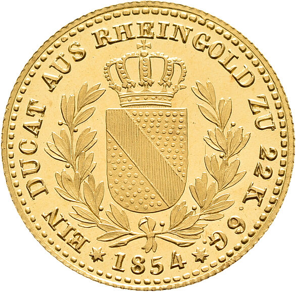 Eine Münze mit der Prägung "Ein Ducat aus Rheingold zu 22K. 6G. 1854"