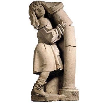 Steinskulptur von einem Mann, der eine in mehrere Teile zerbrechende Säule stützt.