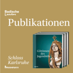 Grafik des Badischen Landesmuseums zum Thema Publikationen. Auf beigefarbenem Hintergrund stehen der Schriftzug „Publikationen“ sowie das Logo des Museums. Daneben ist ein gestapelter Buchband mit dem Titel „Göttinnen des Jugendstils“ abgebildet. Die Grafik verweist auf Veröffentlichungen des Badischen Landesmuseums zu Kunst, Kultur und Geschichte.