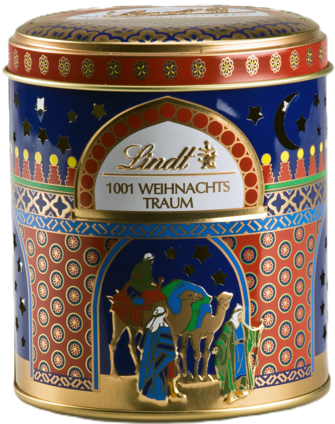 Weihnachtliche Dose der Firma Lindt. Abgebildet sind die Heiligen Drei Könige