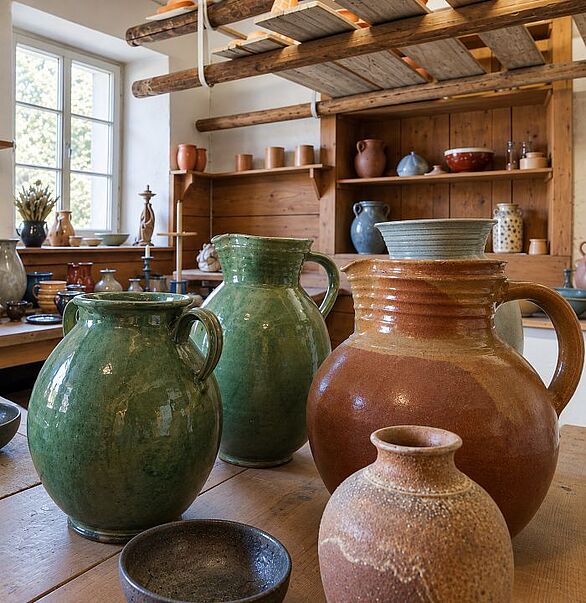 Blick in die historische Keramikwerkstatt von Egon Bregger im Keramikmuseum Staufen des Badischen Landesmuseums. Auf einem Holztisch stehen große grün und braun glasierte Keramikkrüge mit Henkeln sowie kleinere Schalen und Vasen. Holzregale mit weiteren Tongefäßen und ein großes Fenster prägen den Raum, der Einblicke in die traditionelle Töpferkunst und Keramikkultur in Staufen vermittelt.
