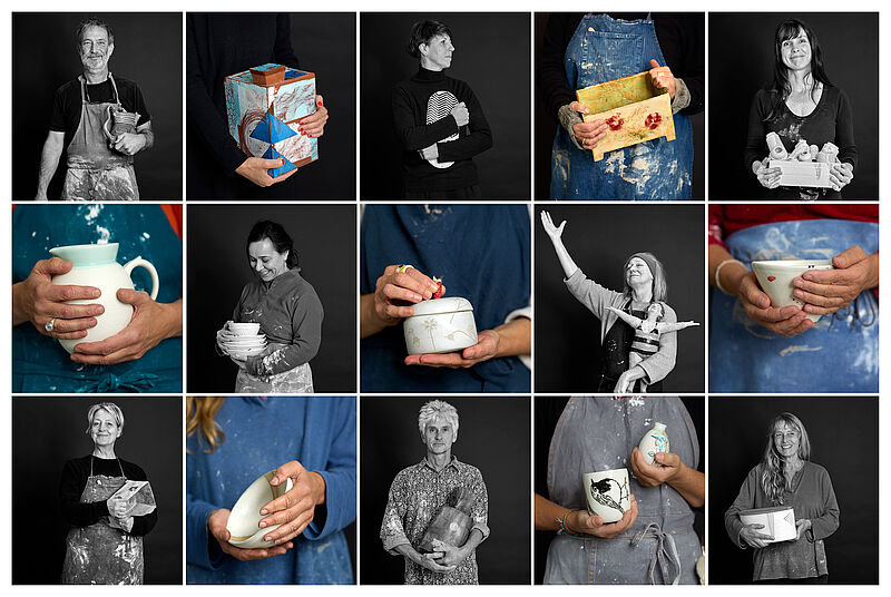 Collage von Männern und Frauen die ihre selbstgemachten Keramiken präsentieren