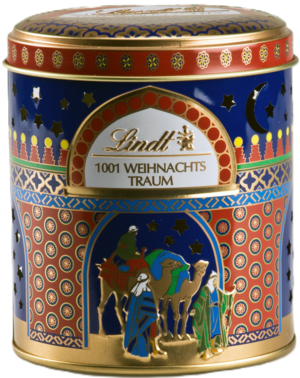 Weihnachtliche Dose der Firma Lindt. Abgebildet sind die Heiligen Drei Könige