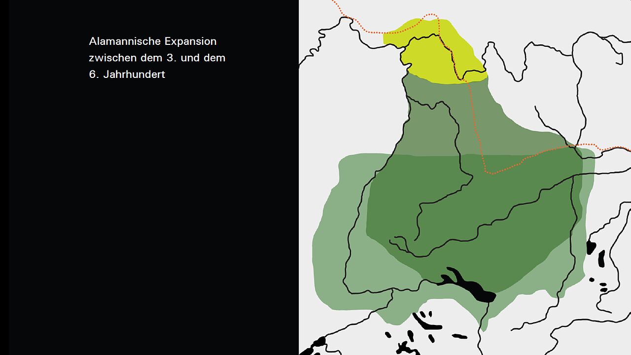 Karte Südwestdeutschlands mit Markierungen zur Expansion der Alamannen