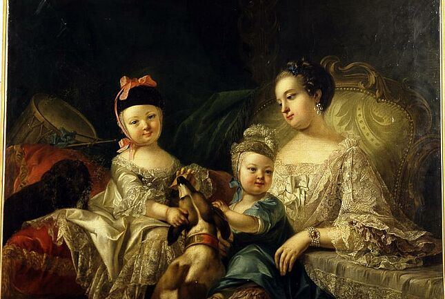 Ölgemälde von Markgräfin Caroline Luise von Baden mit ihren beiden ältesten Söhnen Karl Ludwig und Friedrich