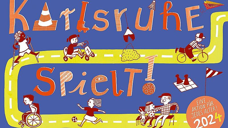 Illustration einer Straße mit spielenden Menschen