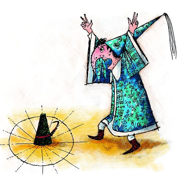 Zeichnung des Zauberers Zwackelmann mit Seppels Hut