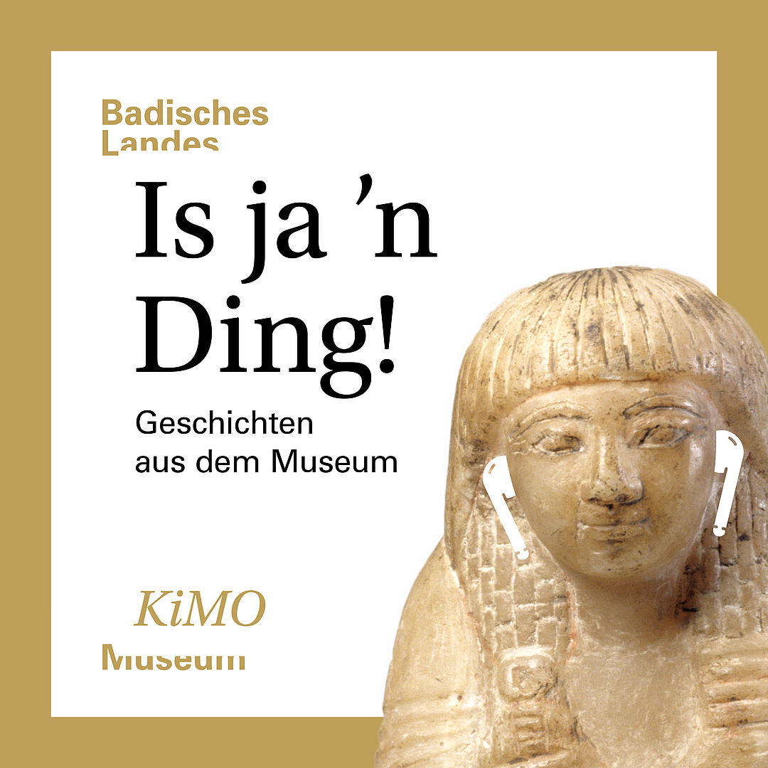 KeyVisual des Podcasts Is ja ‘n Ding!: Eine golden umrahmte Kachel mit dem Schriftzug, in der unteren rechten Ecke der Kopf einer ägyptischen Statue, die AirPods trägt.