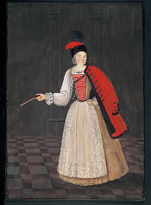 Markgräfin Sibylla Augusta von Baden-Baden im Kostüm einer Ungarin (Husarin?) Rastatt, um 1700–1706, Ludwig Ivenet zugeschrieben Staatliche Schlösser und Gärten Baden-Württemberg, Schloss Favorite bei Rastatt