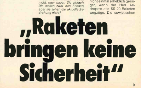Scan einer Schlagzeile: „Raketen bringen keine Sicherheit“
