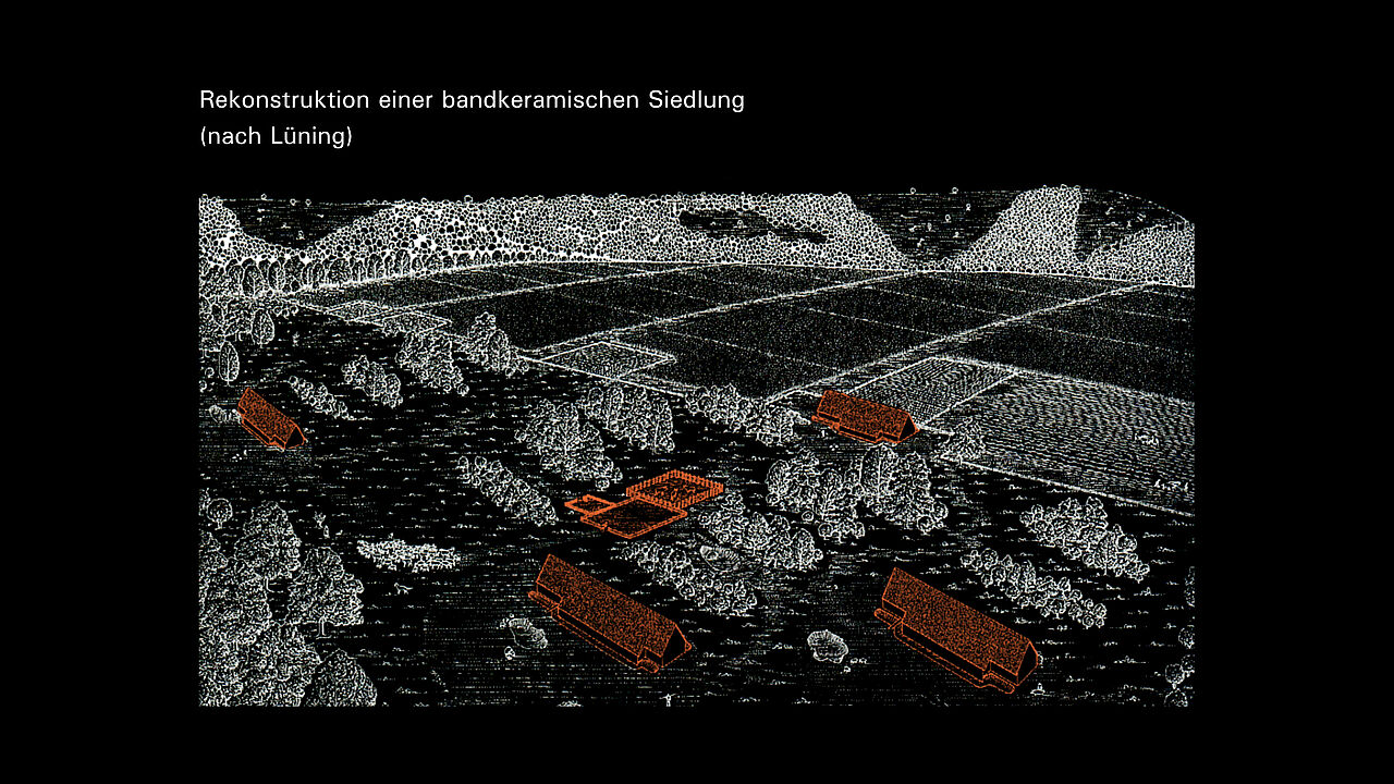 Schwarz-weiß Zeichnung einer Landschaft mit orange hervorgehobenen Gebäuden