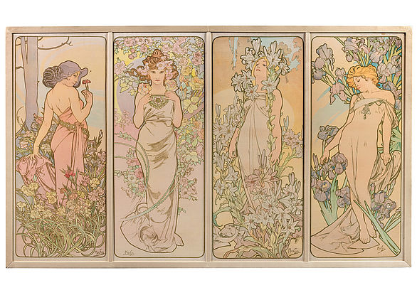 Ein Wandbehang von Alfons Mucha aus Seide, der vier idealisierte Frauenfiguren in Pastelltönen zeigt. Der Entwurf wurde von Mucha auf jeder Stoffbahn signiert und nenn sich “Les fleurs”. Die Frauenfiguren werden jeweils von Blumen umgeben und umrankt dargestellt.