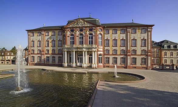 View of Bruchsal Palace with a fountain