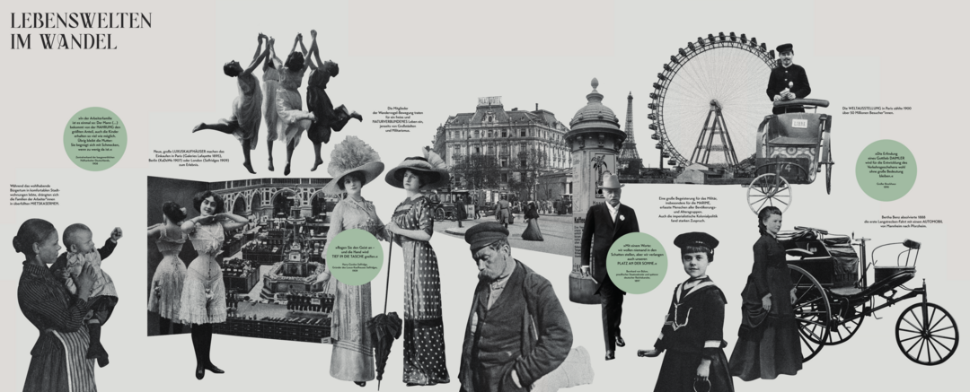Wandgrafik zum Thema "Konsumwelten": Zitate und Fotografien, die die Jahrhundertwende um 1900 illustrieren.