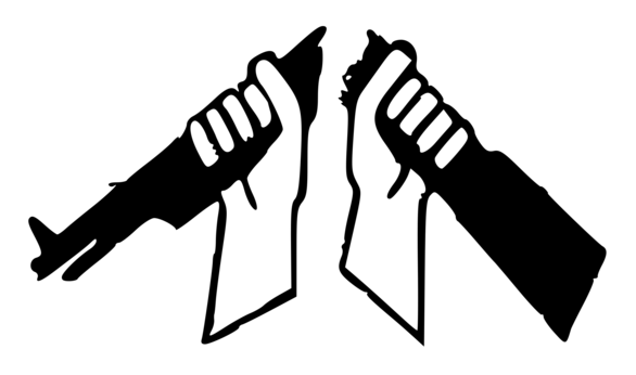 Illustration von zwei Händen, die je einen Teil eines zerbrochenen Gewehres halten.