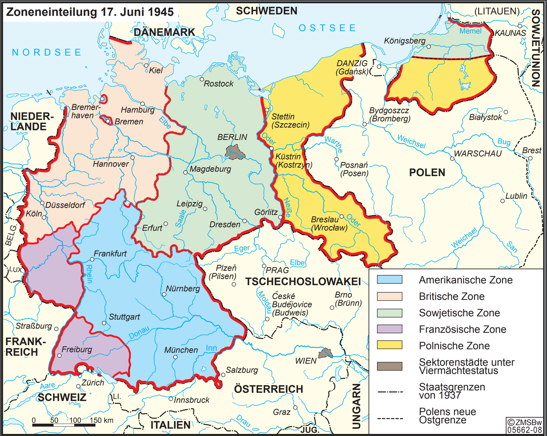 Grafische Karte der Besatzungszonen Deutschlands nach 1945, © Zentrum für Militärgeschichte und Sozialwissenschaften der Bundeswehr